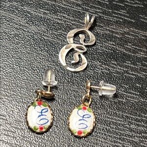 Vintage E Name Monogram Sterling Silver Pendant & Guilloche Enamel E Earrings